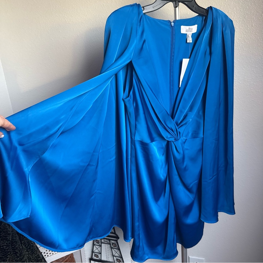 NWT Badgley Mischka Nora Satin V-Neck Long Bell Sleeve Twist Front Mini Dress - Picture 6 of 11